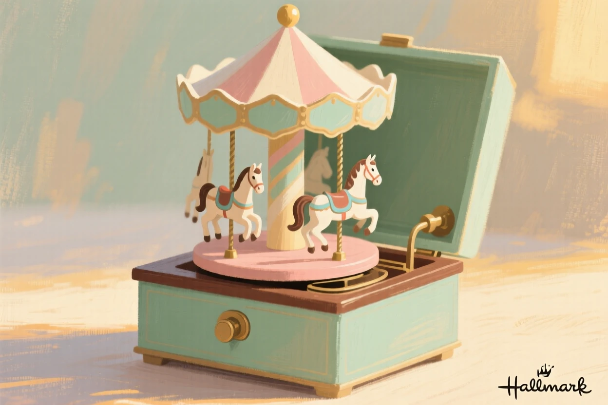 An old wind-up carousel music box with tiny painted horses