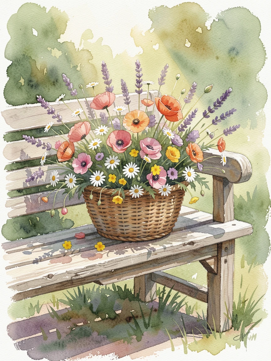 A basket overflowing with wildflowers on a garden bench with soft light streaming across the blooms.