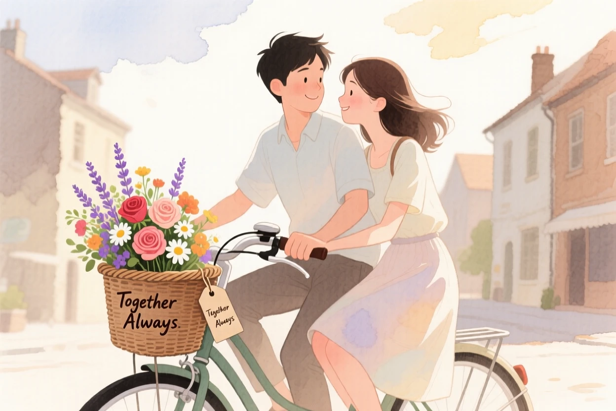A tender moment of a shared bicycle ride through town, with a bouquet of flowers resting nearby, capturing quiet affection between two people