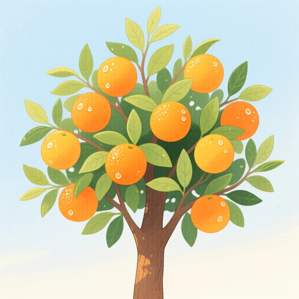 A citrus tree heavy with ripe oranges glistening with morning dew.