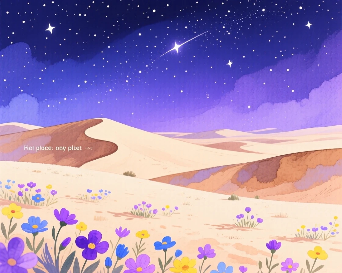 A star-filled night sky over a silent desert dune, with wildflowers scattered across the foreground, radiating natural splendor and tranquility.