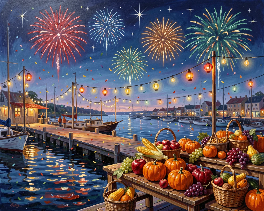 Along a harbor lit up for a nighttime celebration, a harvest festival with tables laden with autumn produce, confetti drifting through the air, under a clear night sky filled with bursts of color.