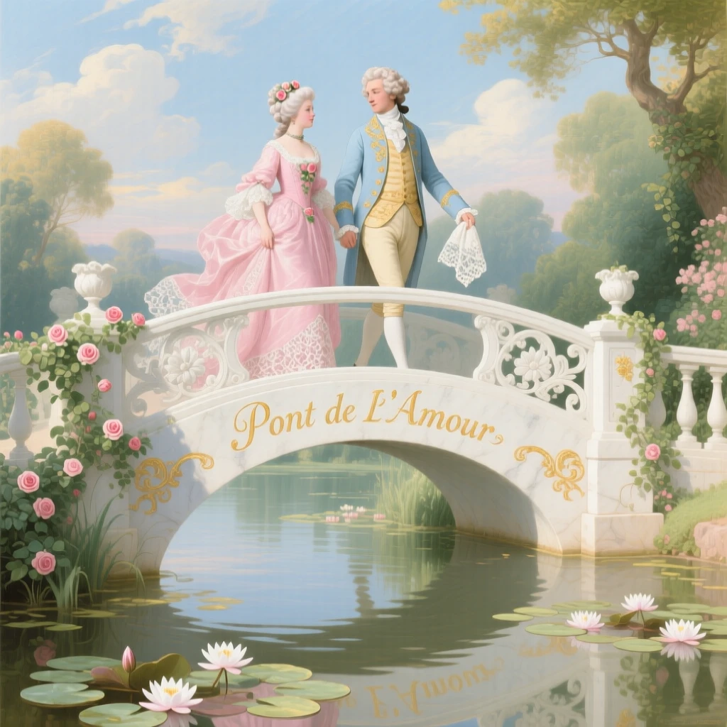 A lady and gentleman crossing a white marble bridge over water lilies  