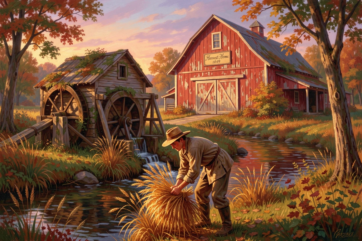 A young farmhand gathers the last of the harvest in a watermill beside a babbling brook as the last light of day settles over the barn.