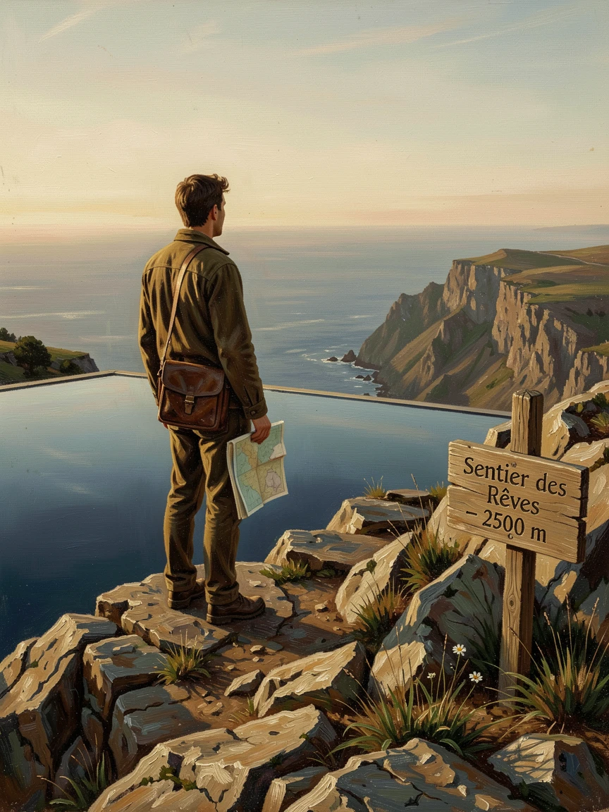 A traveler capturing a breathtaking view from a cliffside infinity pool, as the golden light of dawn or dusk sets the perfect adventurous mood, evoking wanderlust and the irresistible call of adventure