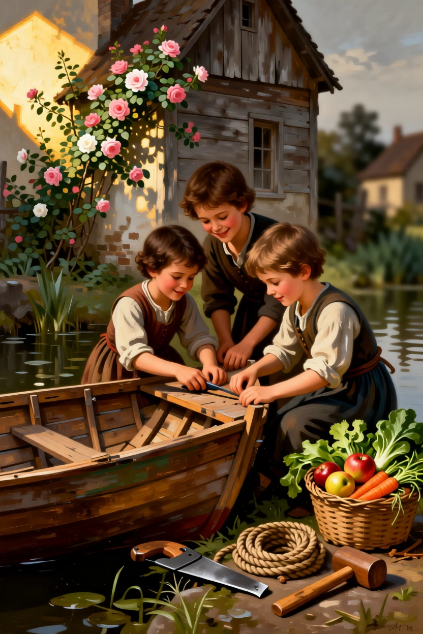 Children building a small boat to sail on a village pond as warmth and community shine through humble work, set beside a rustic cottage framed by climbing roses, with baskets of produce, coils of rope, and tools of an honest trade; a tight, intimate framing draws focus to hands and faces at work, filled with gentle humor, warmth, and community spirit.