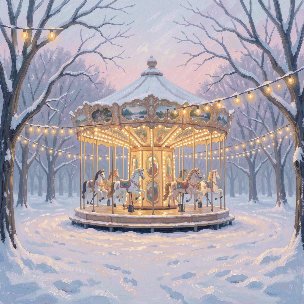 An old-fashioned carousel turning at dusk in a park filled with glowing string lights, under a fresh blanket of snow, evoking timeless charm and quiet elegance.
