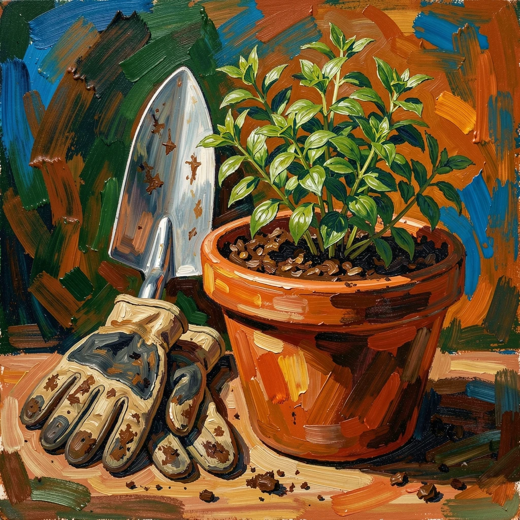 A still life of gardening gloves, a trowel, and a pot of freshly potted herbs.