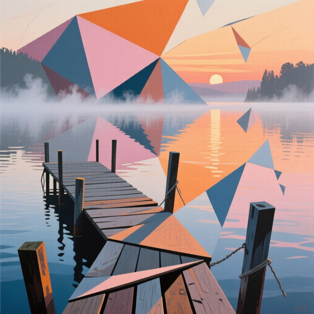 A quiet lakeside dock at sunrise with mist rising gently off the water.