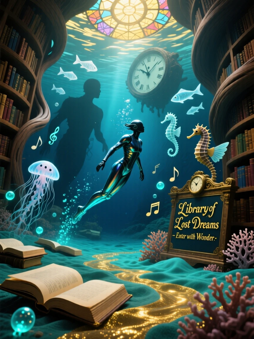 A diver exploring a sunken library resting on the ocean floor moves gracefully through a scene bathed in soft golden light, while distant sounds drift softly through the surrounding air.