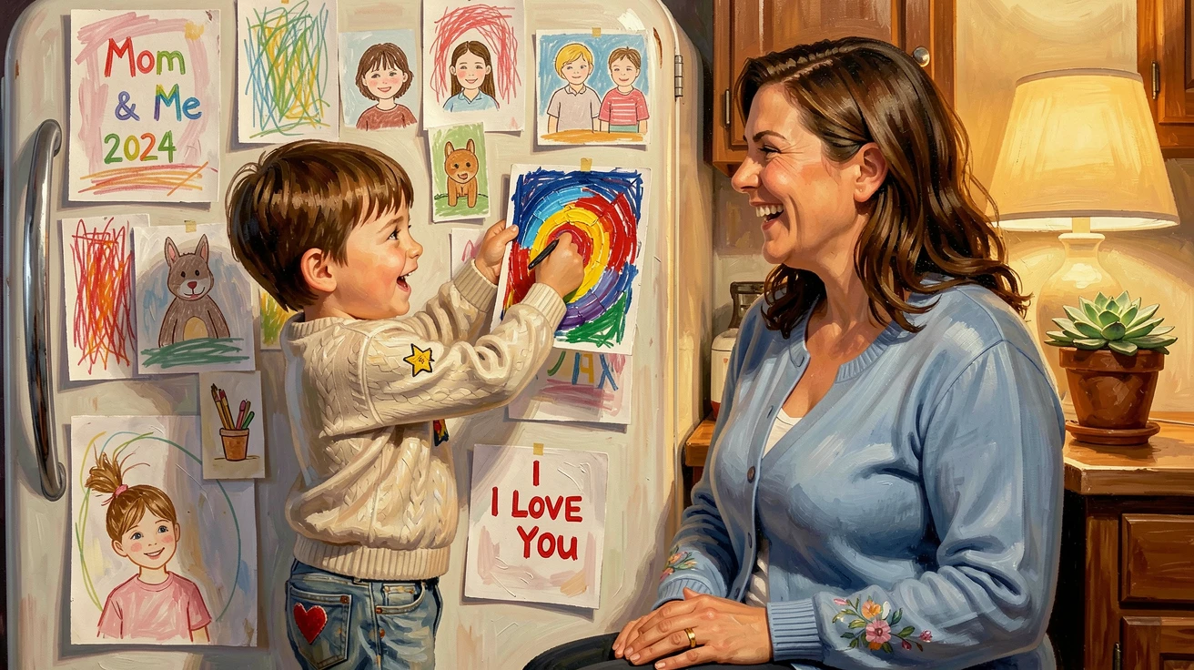 A child proudly presents a crayon drawing to a beaming parent, refrigerator covered in previous colorful masterpieces behind them, small personal details in their clothing and surroundings hinting at their story.
