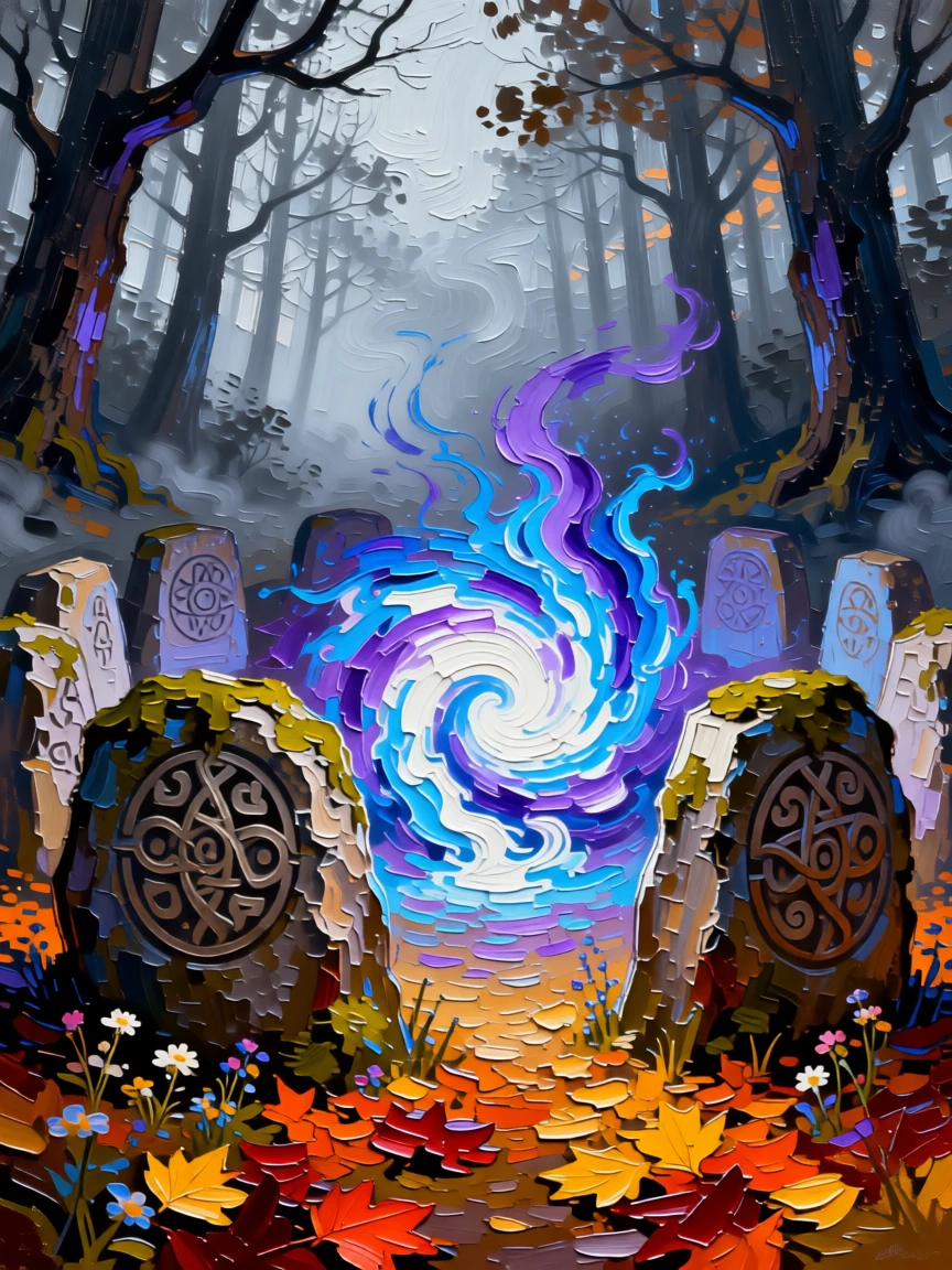 A glowing portal opening in an ancient stone circle deep within a misty forest