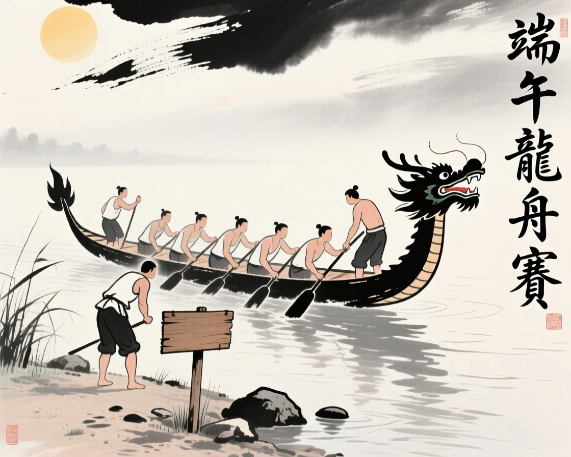 A team prepares their dragon boat at the riverbank before the festival race begins, beneath a sky bright with midsummer sun.