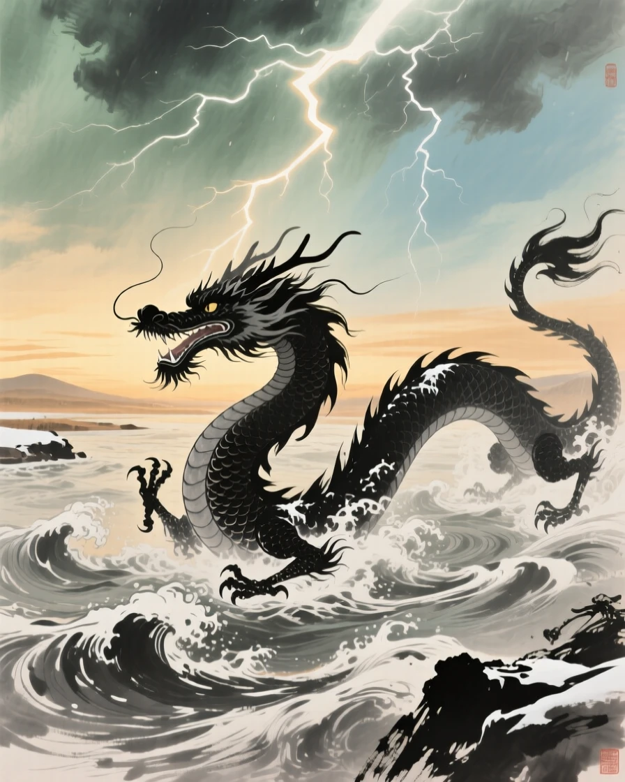 A dragon emerging from a churning river beneath a lightning lit sky, in the last golden light of day, under clearing skies after a storm, as winter frost settles.
