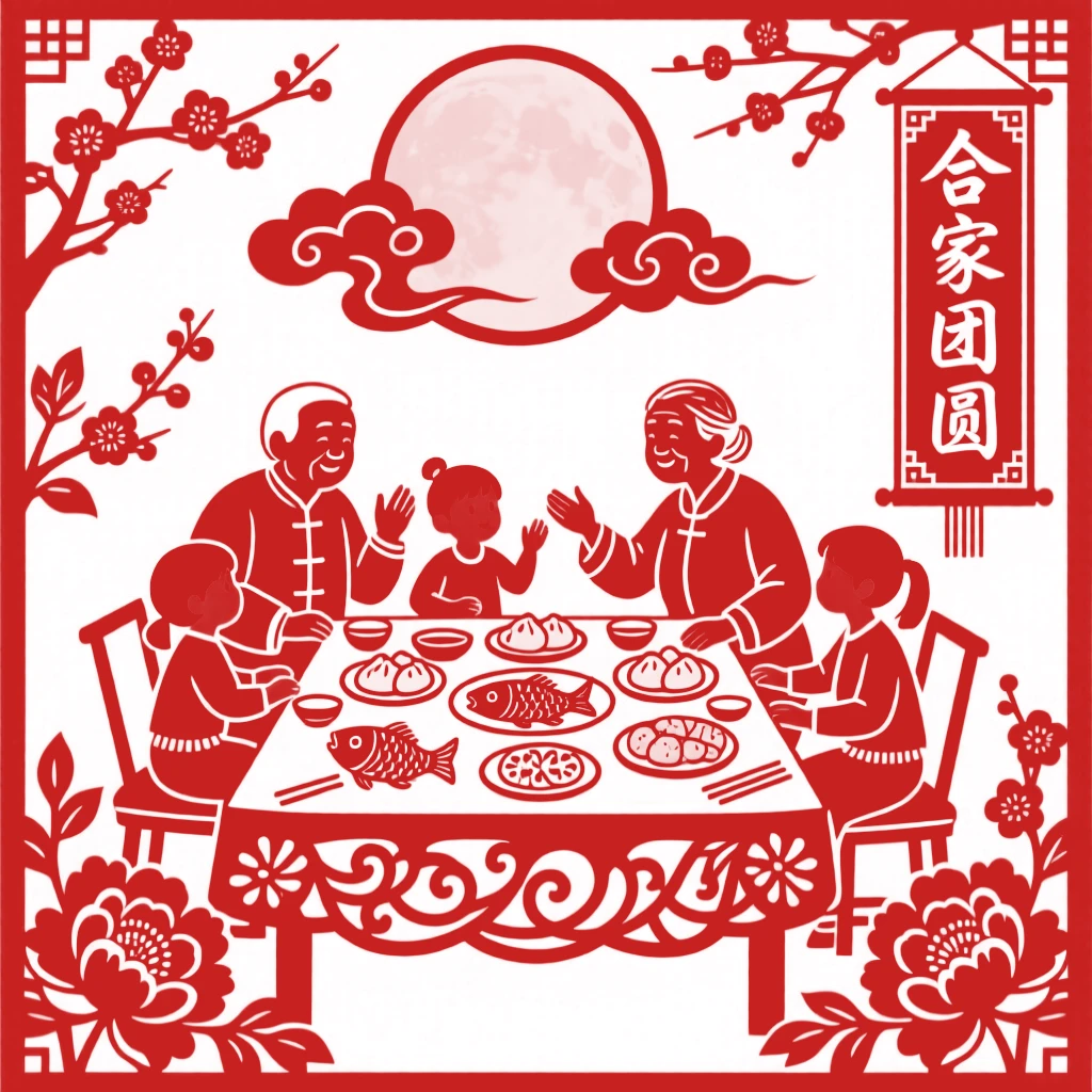 A scene of a family reunion dinner table, as elders share stories of festivals long past, with a full moon rising behind paper-cut silhouettes.