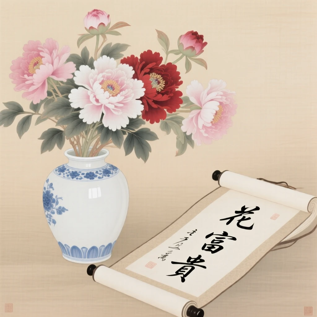 A vase of peonies beside an open scroll