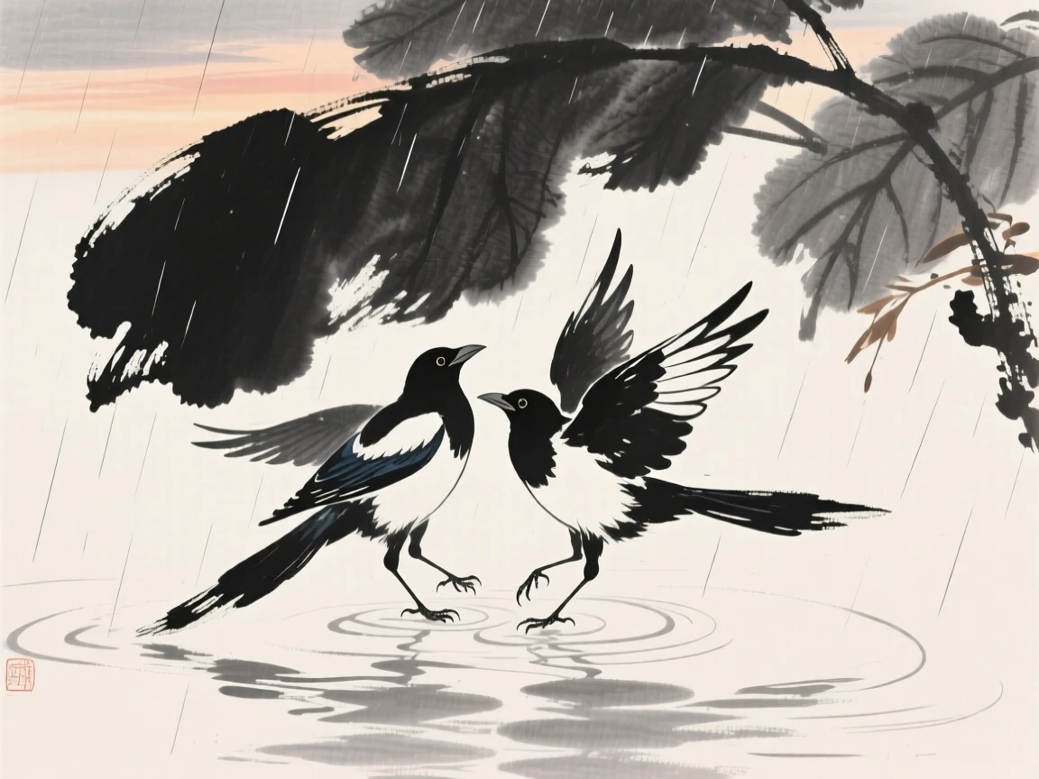 A pair of magpies sheltering beneath broad leaves during rain over rippling water at dusk, captured mid-motion with wings outstretched, suggesting renewal and the gentle passage of seasons.