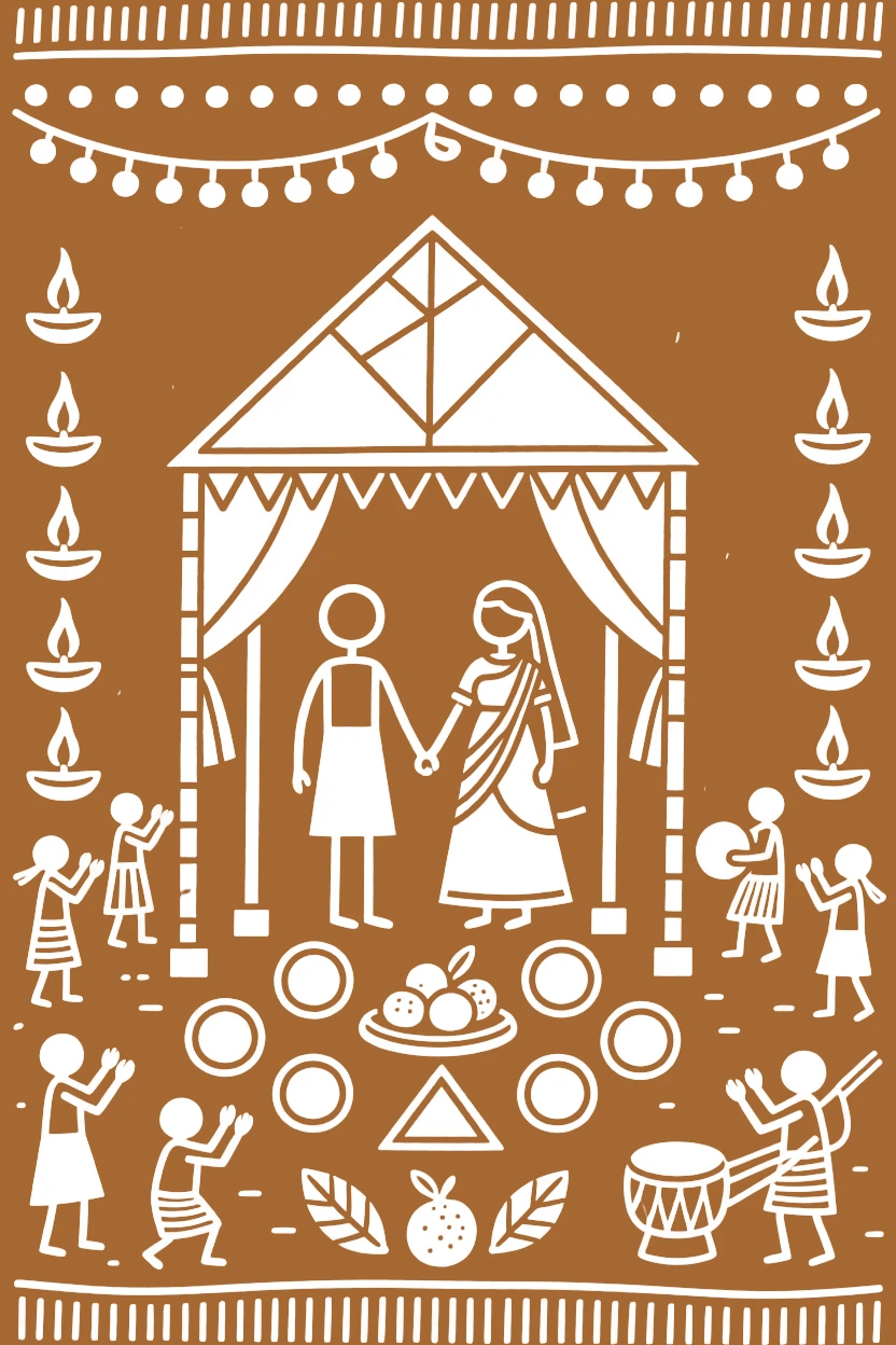 A composition centered on a wedding canopy framed by rows of lamps and offerings.