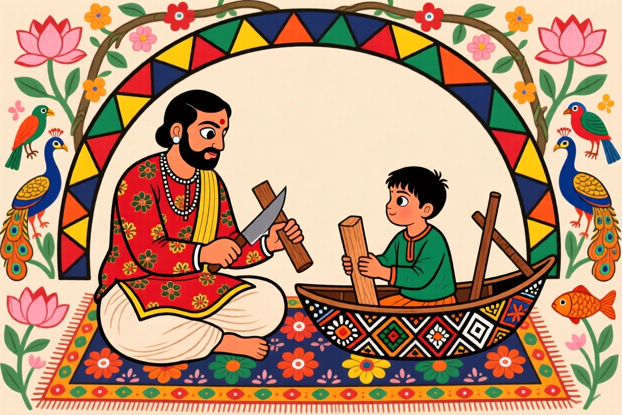 A father teaching his son to whittle a small wooden boat.