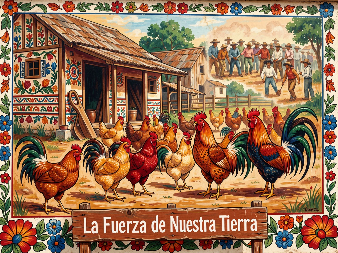 A rustic barnyard filled with clucking hens and roosters