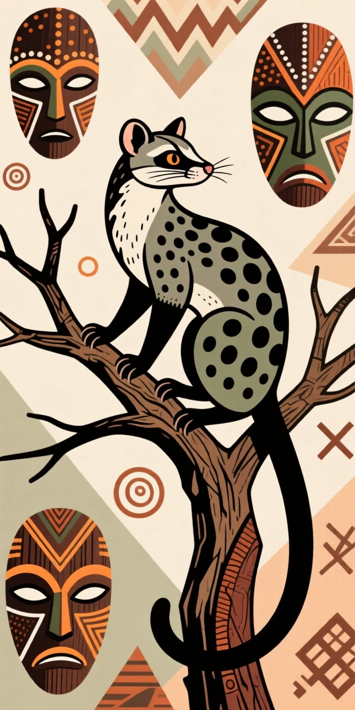 A genet perched on a dead tree branch.