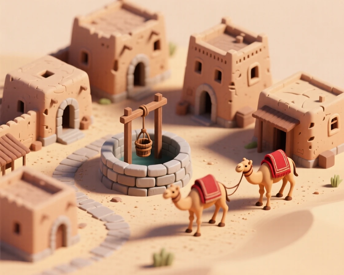 An ancient Berber desert village with mud-brick kasbahs, camel caravans arriving, and a well at the village center.