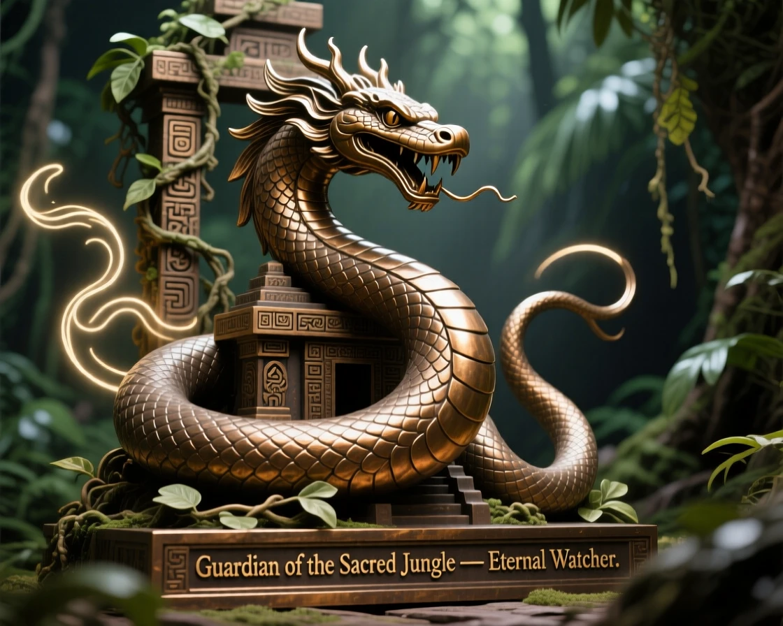 A naga coiled around a jungle temple, with an aura of ancient power, radiating awe and grandeur