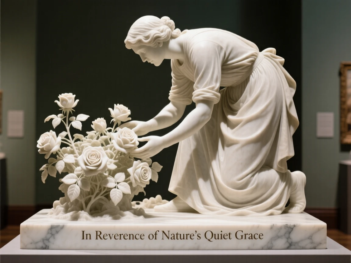 An evocative depiction of a gardener tending roses in early morning light, captured with cinematic depth and detail, balancing detail with emotional depth