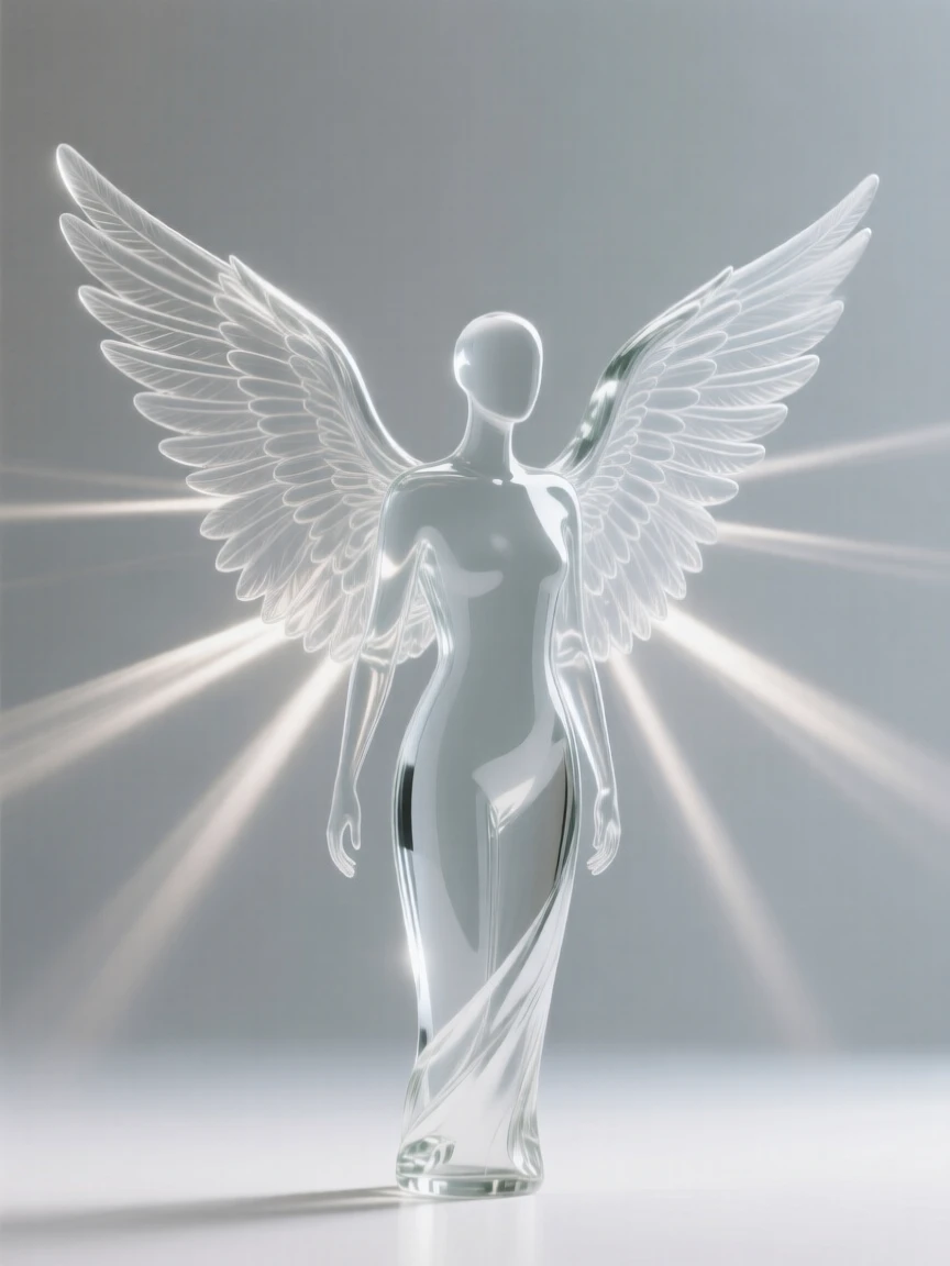 A pair of wings unfurling from a simple human silhouette, with soft rays of light stretching outward in every direction