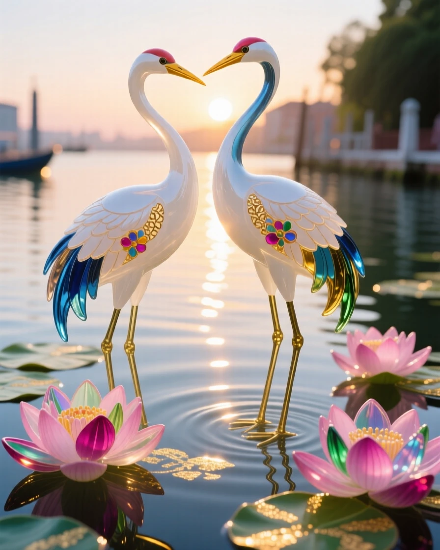A pair of cranes standing together at the edge of a blossoming lotus pond at the crack of dawn, elegant and sacred.