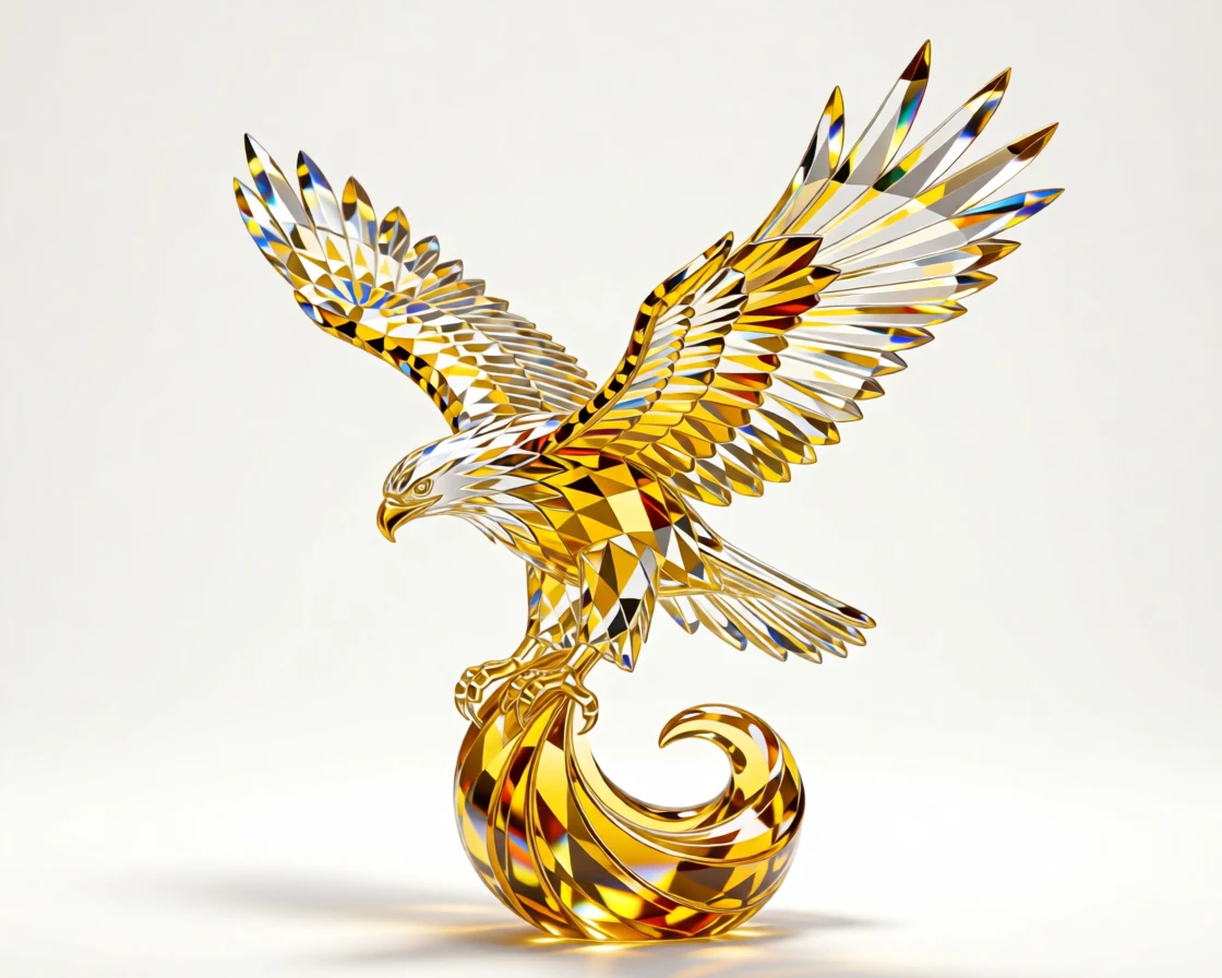 An abstract swirl of golden pigment forming the silhouette of a soaring falcon.