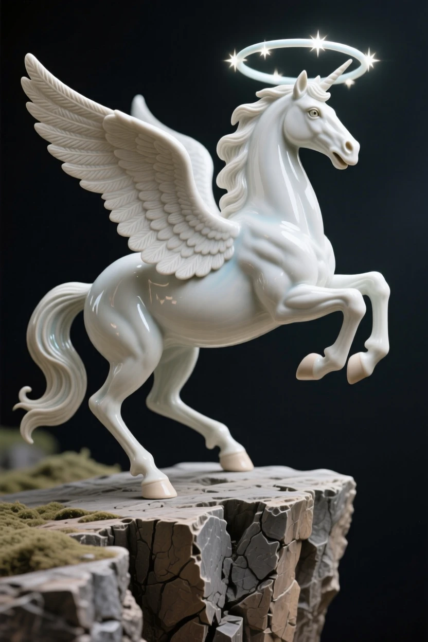 A winged pegasus mid-gallop perched watchfully at the edge of a cliff, haloed by a faint circle of starlight, capturing the enchantment of forgotten legend.