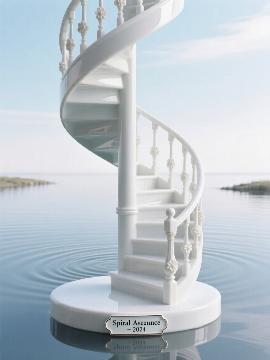 A surreal composition where a spiral staircase rises out of a still pond into the sky, suspended in a moment of serene stillness.