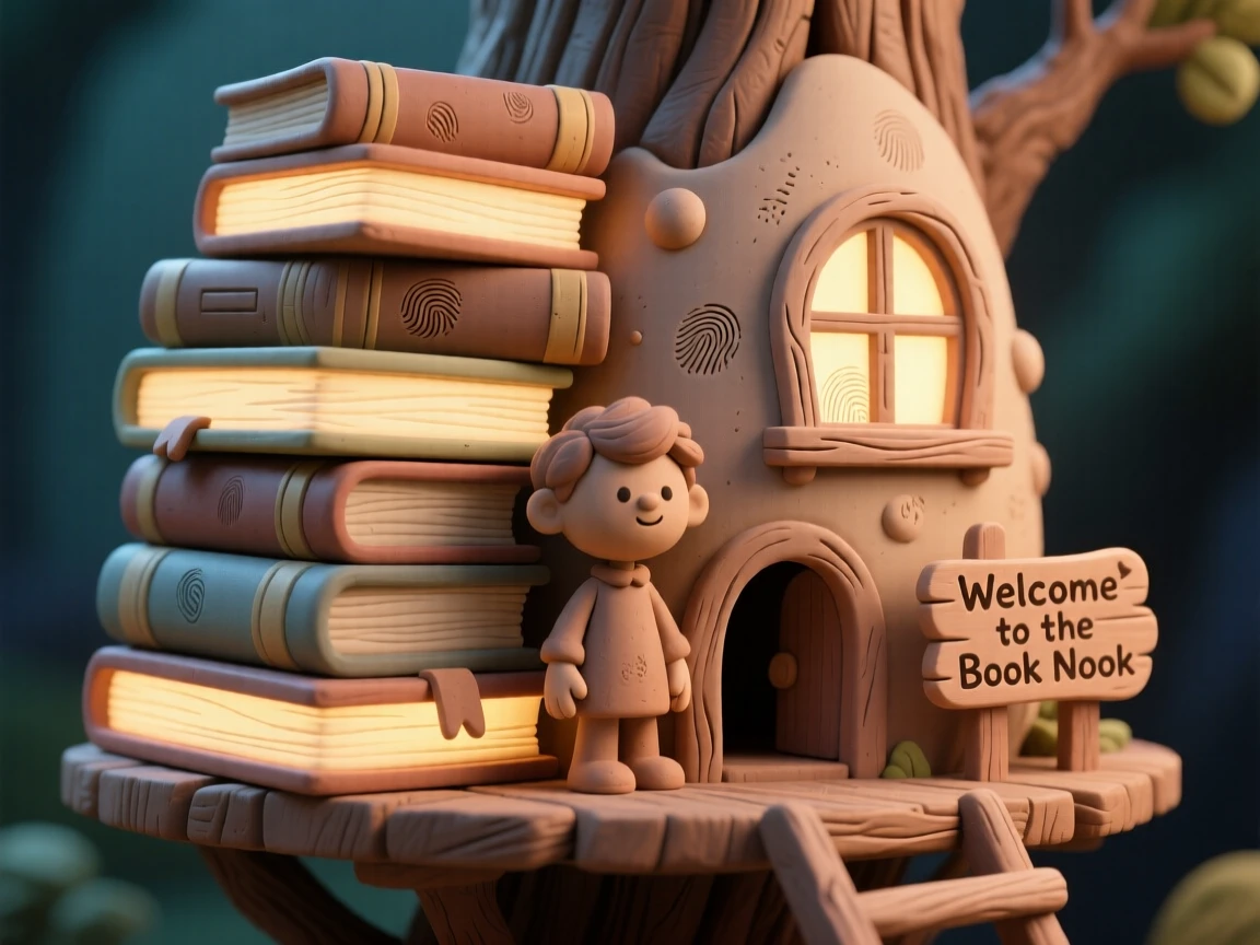A treehouse built entirely from stacked glowing books