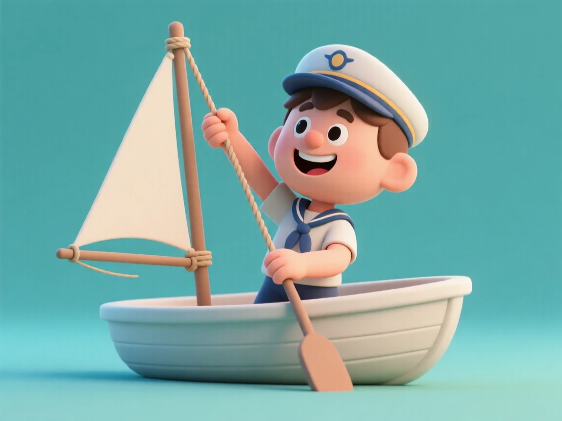 A determined young sailor hoists a small sail on a dinghy, grinning as wind fills the fabric.