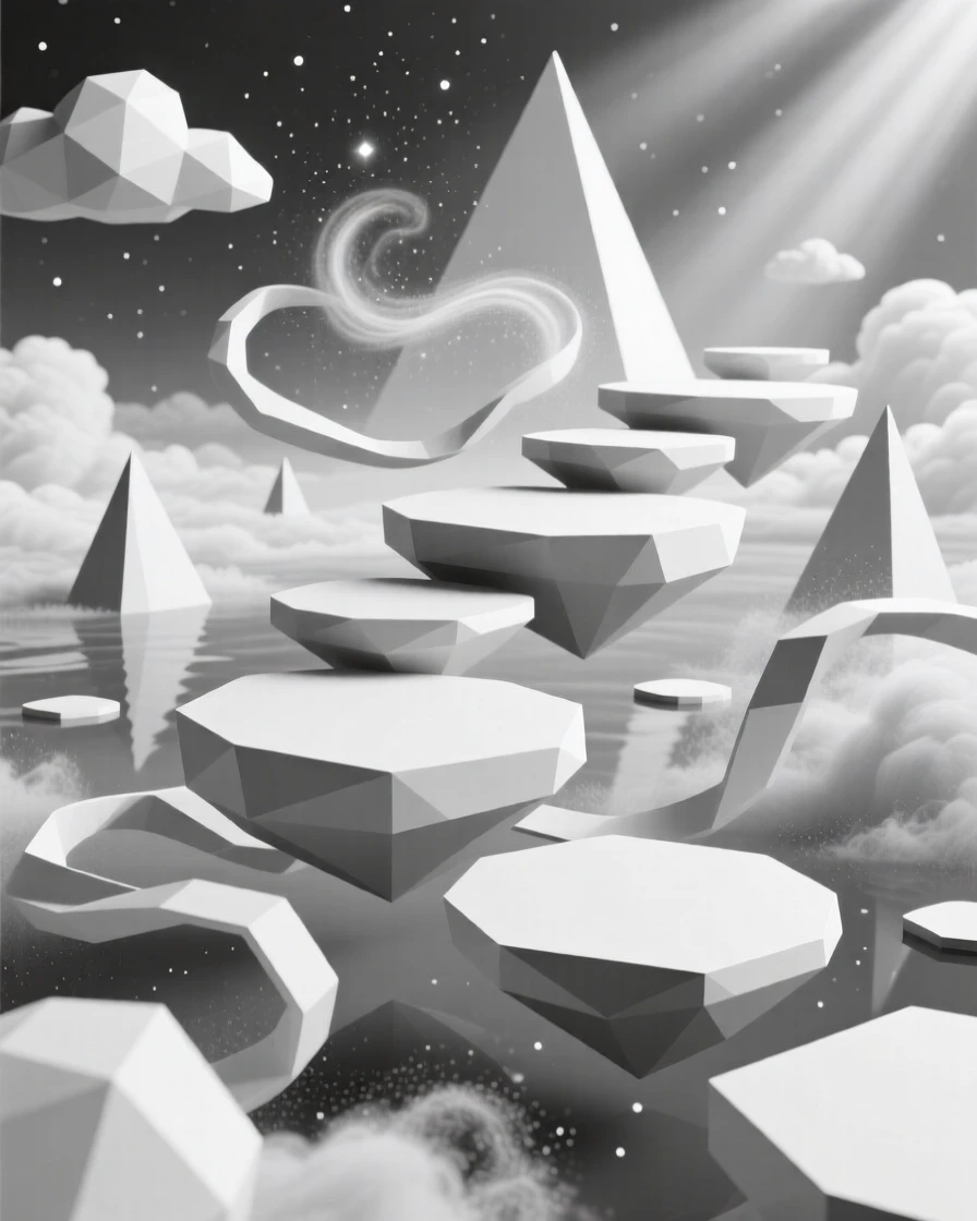 A dreamy cloudscape with floating stepping stones, surrounded by swirling cosmic dust. reflections and light rays add a layer of visual depth. The mood feels futuristic and full of possibility.