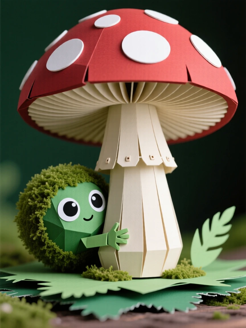 A tiny round moss spirit peeking out from behind a giant mushroom, with big round curious eyes, capturing pure adorable innocence.
