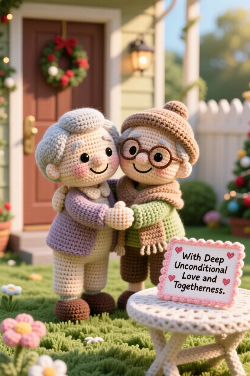 grandparents visiting for the holidays, greeted with a big warm hug, is captured welcomed at the front door with open arms in a sunny backyard set up for togetherness beside a handmade card resting on the table, showing deep, unconditional love and togetherness.