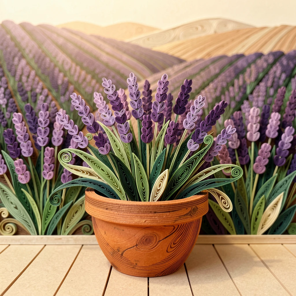 a hillside covered in blooming lavender rows, in a terracotta pot on a sunny balcony, layered from foreground to background for depth, with delicate veining visible on each leaf.