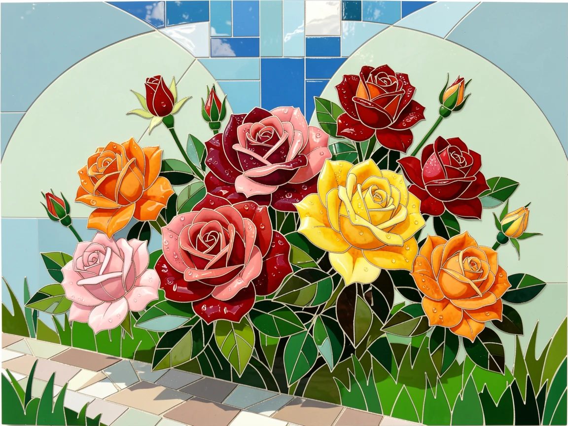 A vibrant rose garden in full bloom with dew drops on the petals.