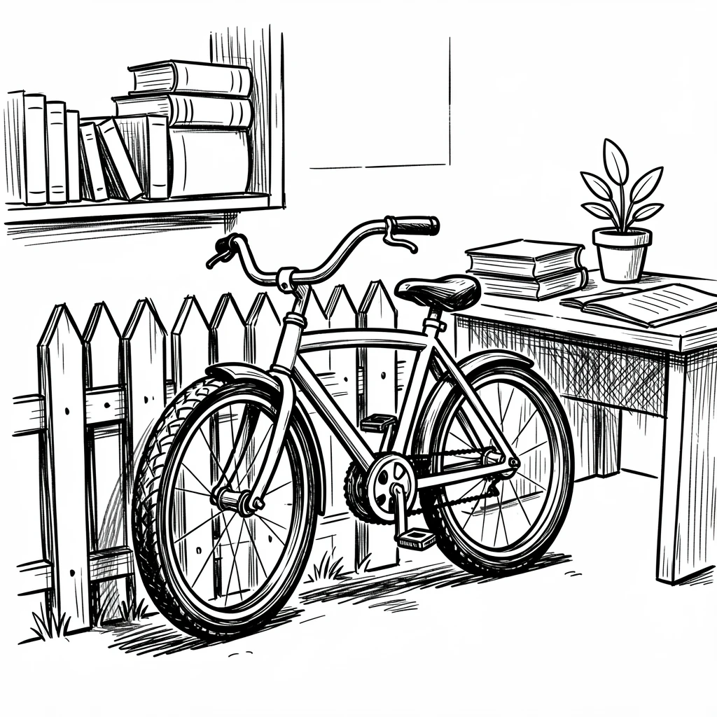 A bicycle leaning happily against a fence after a ride in a tidy study room.