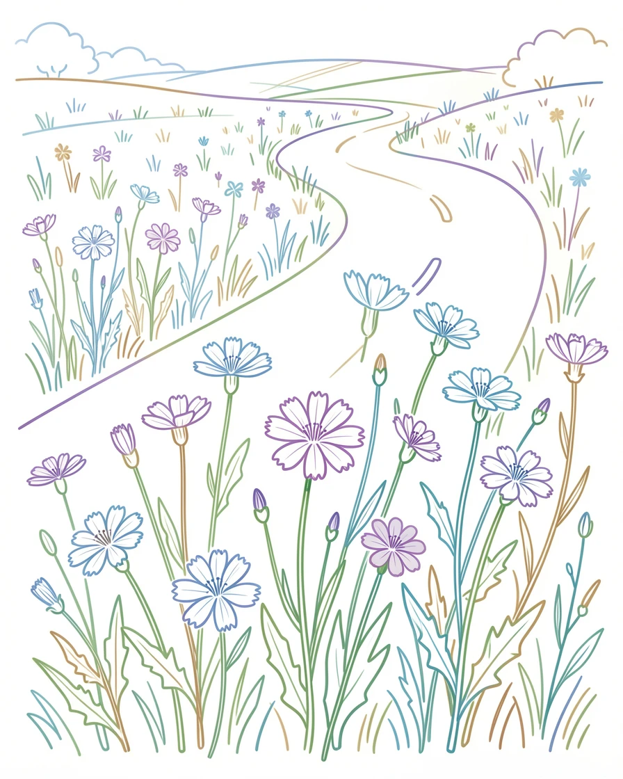 A field of wild chicory blooming along the edge of a country road.