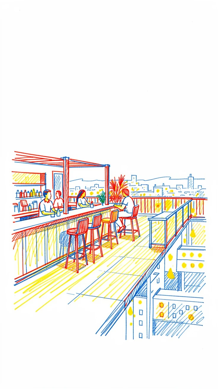A rooftop bar glowing warmly as the city lights flicker on below