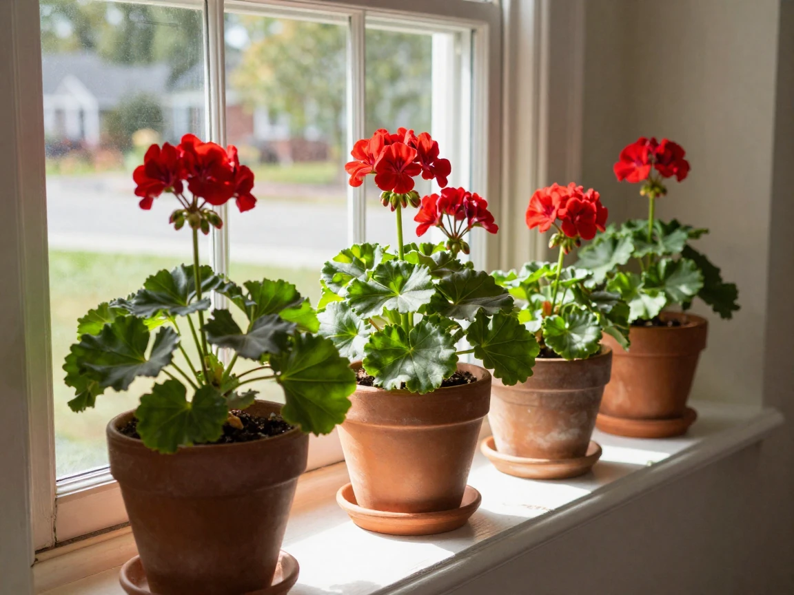 A row of potted geraniums on a sunny windowsill