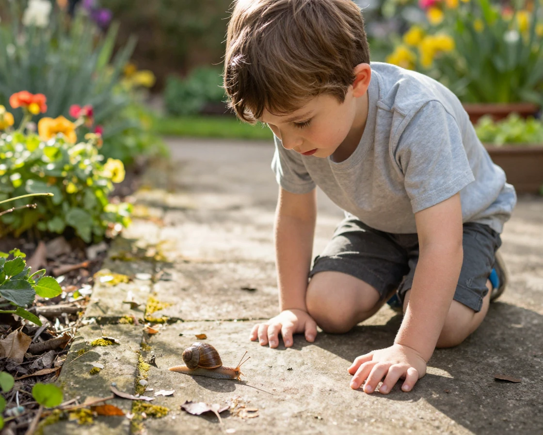 A child studies a snail's slow crawl across a garden path with total fascination.