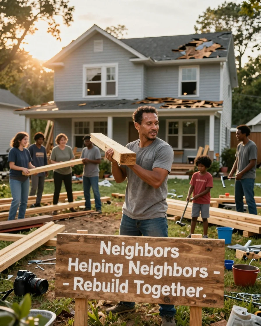 A group of neighbors gathering to help rebuild a storm-damaged home
