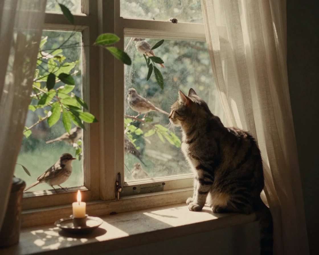 A tabby cat perched on a sunlit windowsill watching birds, under flickering candlelight, with a soft breeze stirring the air, in the height of summer, with muted olive and rust colors, peering through foliage in the foreground.