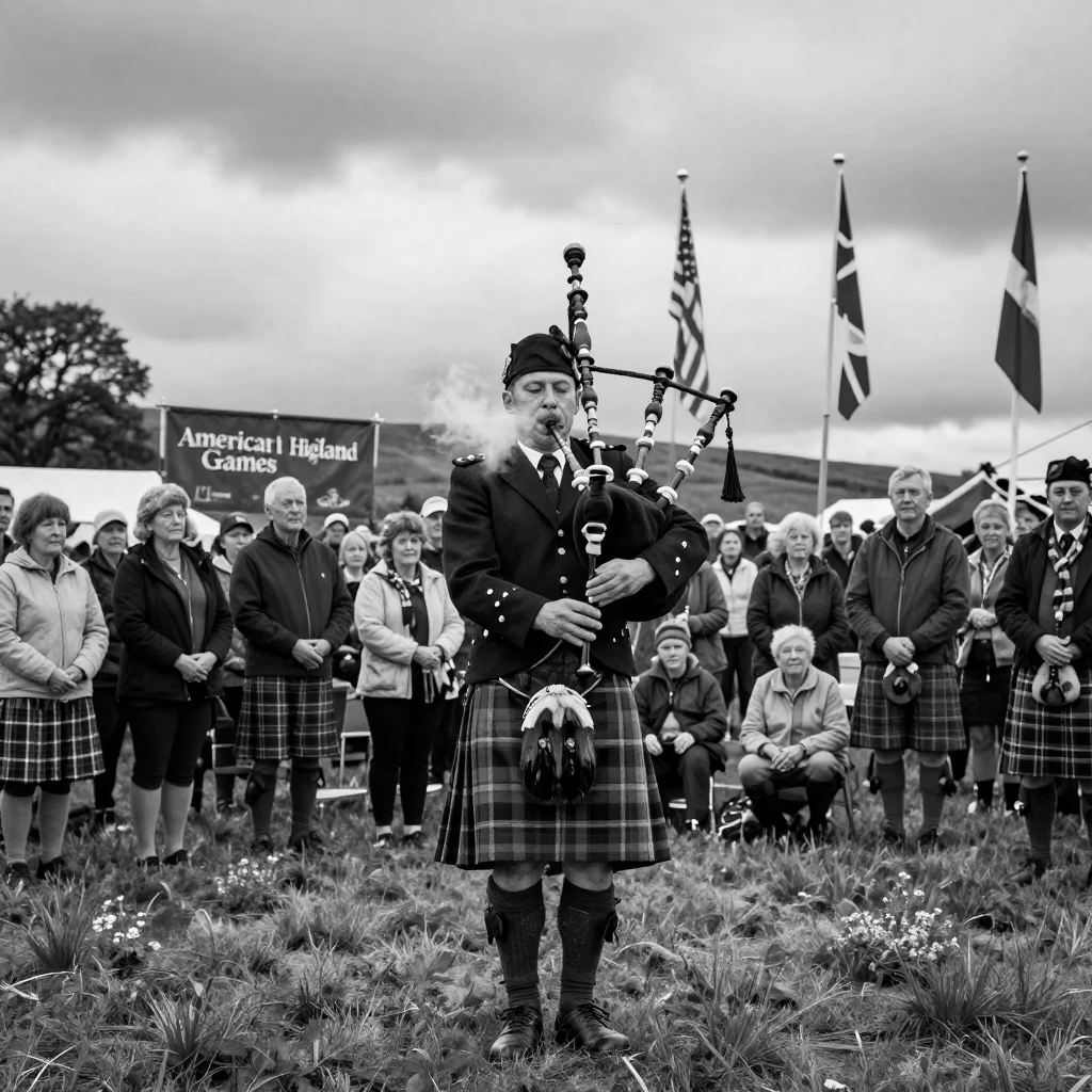 A Scottish piper plays bagpipes at a highland gathering before a crowd at a highland games.