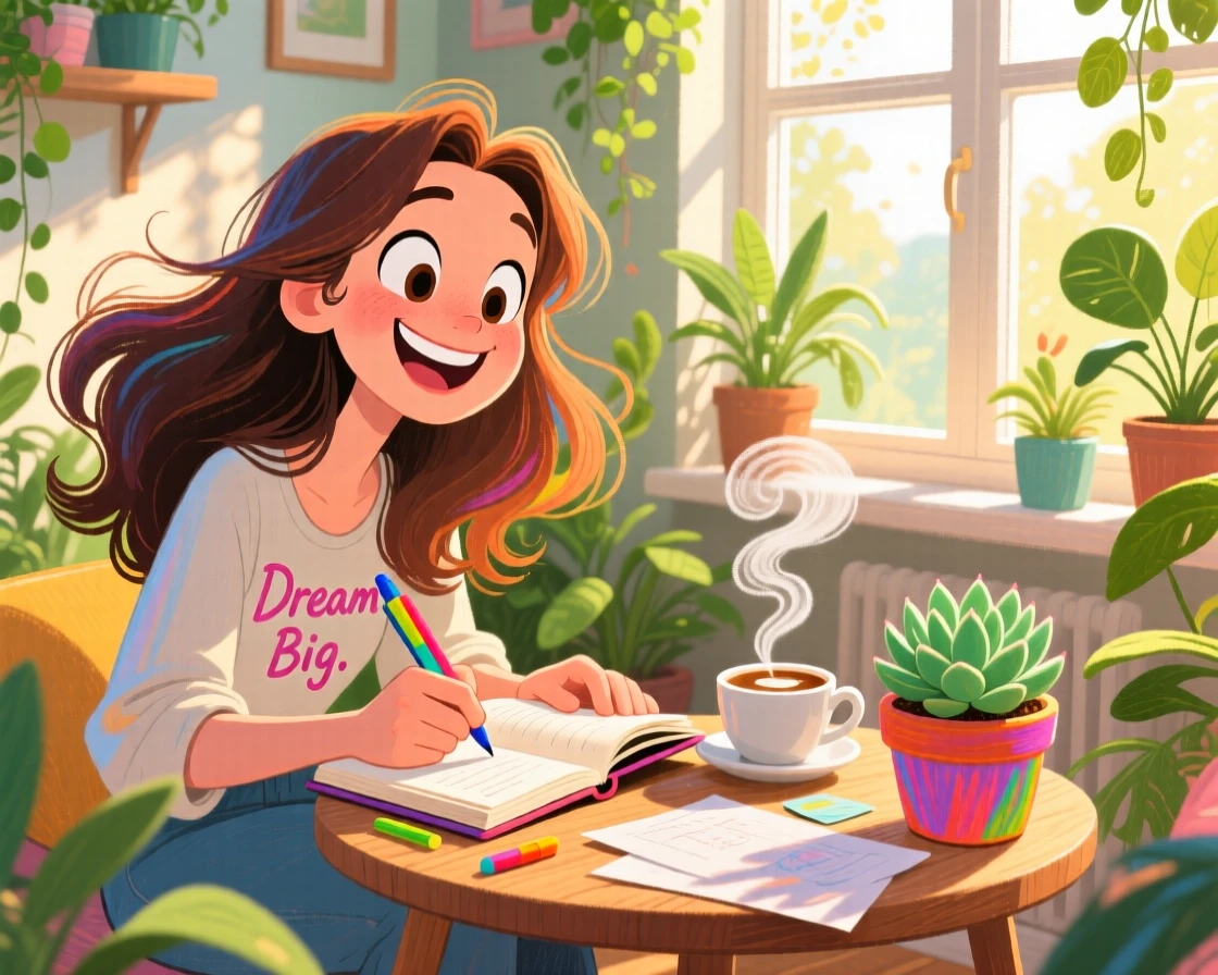 A woman journaling with a latte in a sunlit, plant-filled apartment corner.