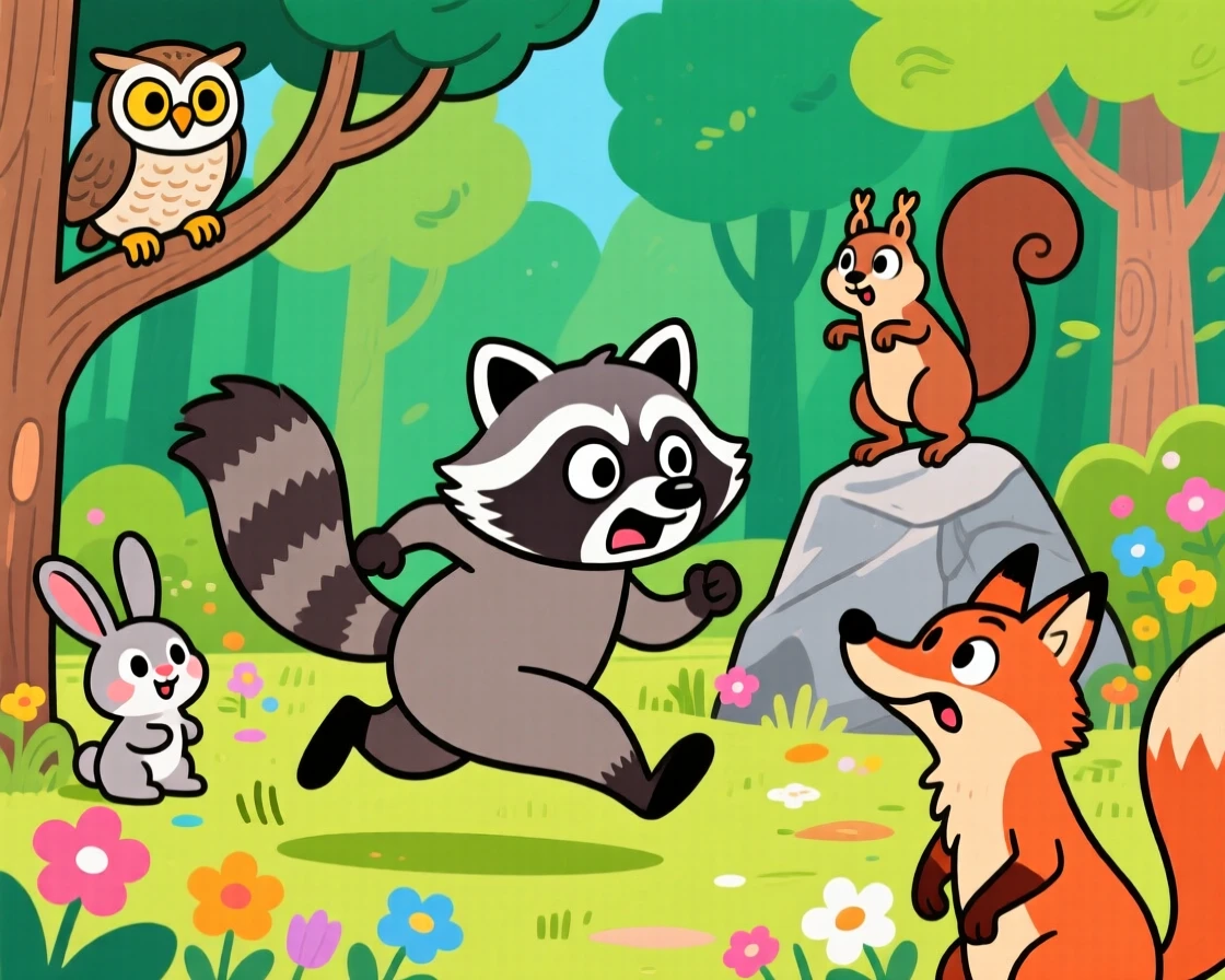A charming animal moment featuring a curious raccoon racing forward with fierce determination, surrounded by curious onlooking animals.